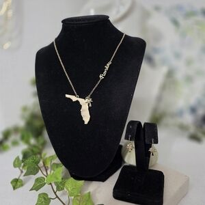 Gold State Of Florida Palm Tree Chain Necklace And Earrings Set